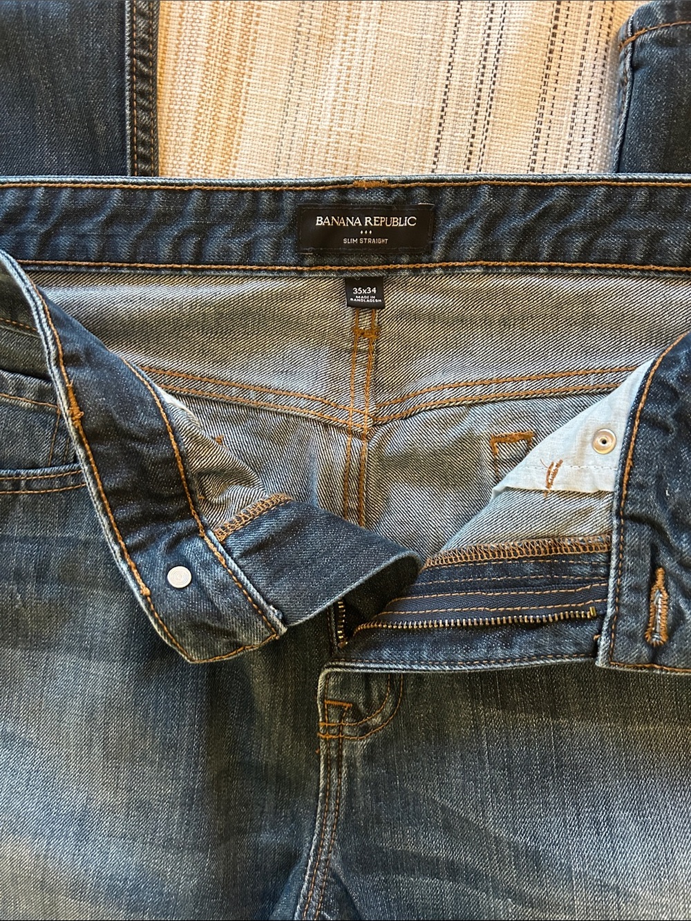 Banana Republic Men's Dark Blue Straight Jeans with Light Distressing - Picture 3 of 5